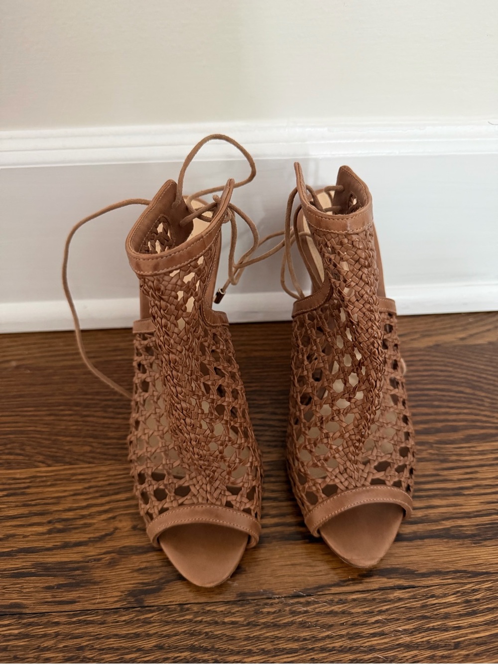 Alexandre Birman Tan Woven Lace-Up Open-Toe Heels
